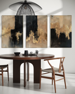 Cargar imagen en el visor de la galería, Set Cuadros Decorativos Abstracto Negro Arena 2-275- Triptico Moderno y Elegante en Negro, Beige y Dorado Oro
