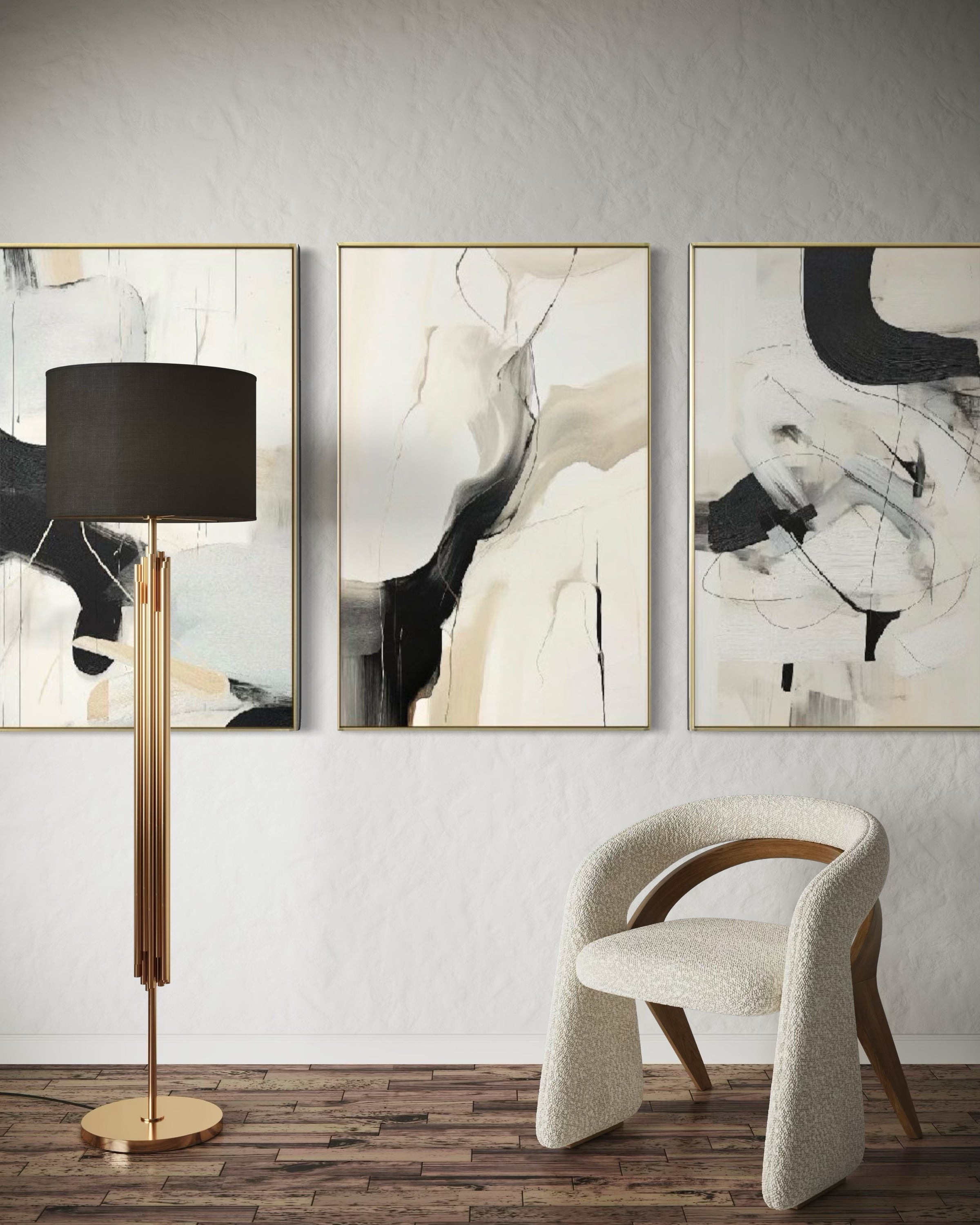 Set de 3 Cuadros Decorativos Abstracto Negro Arena 2 - 221 - Triptico Moderno y Minimalista Arte Elegante Estilo Nordico Tonos Neutros