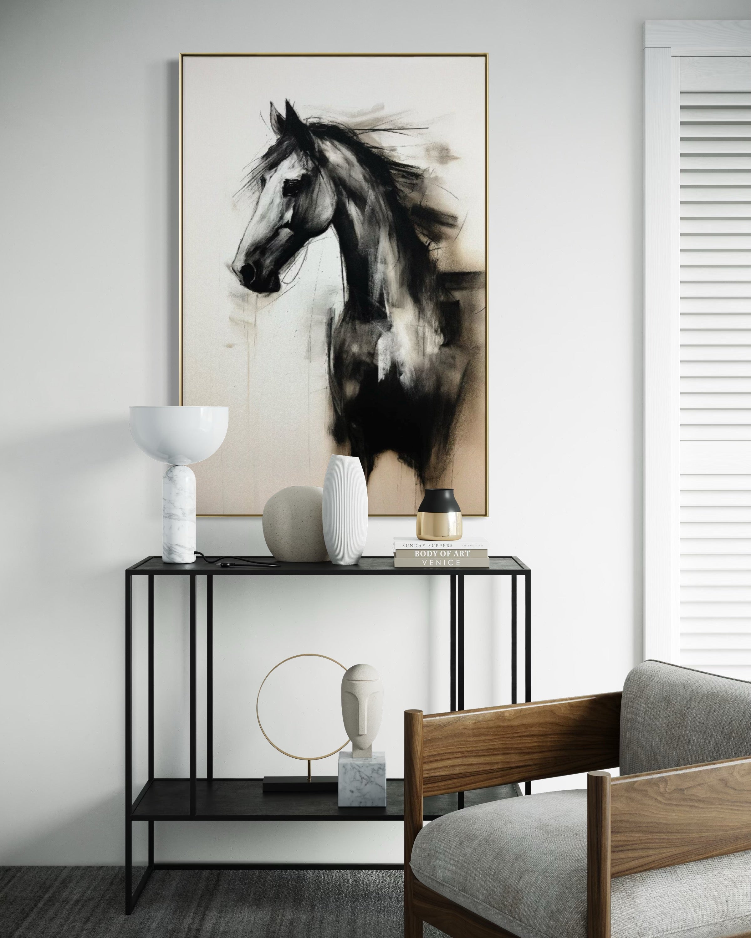 Cuadro Decorativo Abstracto Negro Arena 2- 258 -Boceto de Caballo Negro Arte Moderno en Tonos Neutros