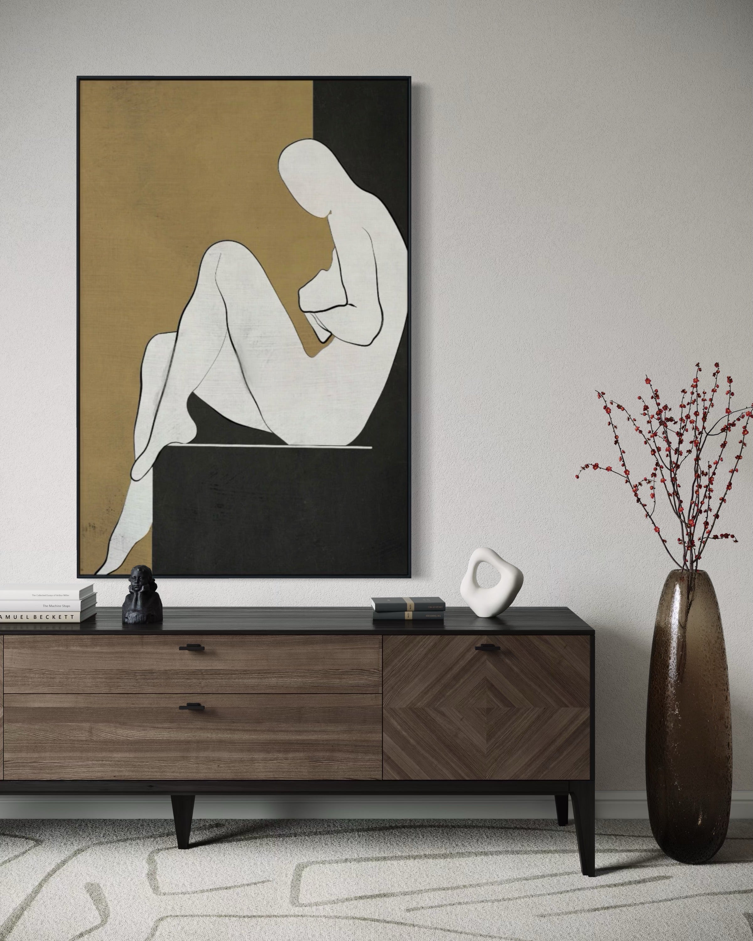 Cuadro Decorativo Abstracto Negro Arena 2-240 Silueta Femenina Arte Moderno y Minimalista Estilo Boho en Tonos Neutros