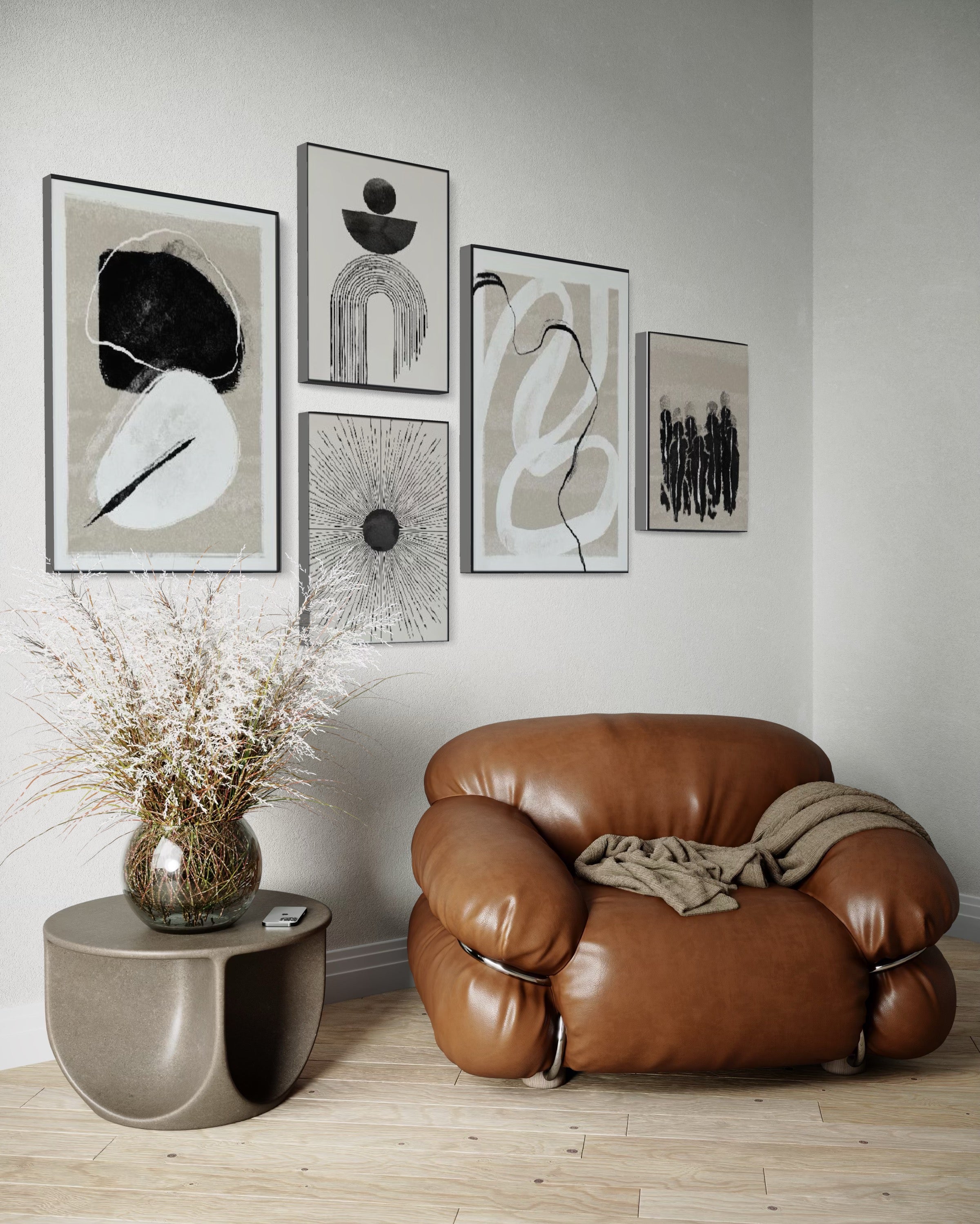 Set Cuadros Decorativos Abstracto Negro Arena 2 - 226A - 5piezas Arte Moderno Estilo Nordico Boho Tonos Neutros