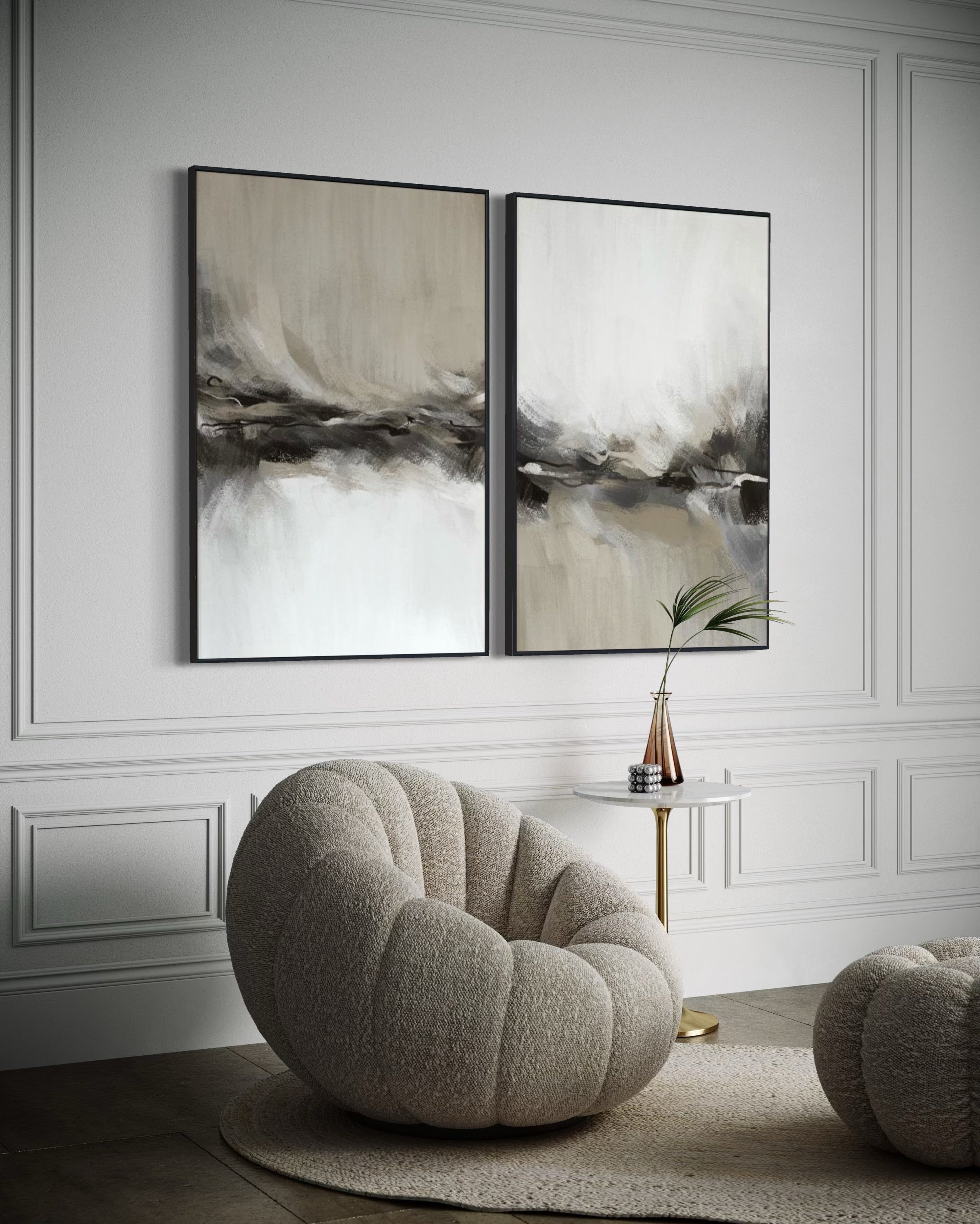 Set Cuadros Decorativos Abstracto Negro Arena 2 - 238 - Diptico Moderno y Elegante Arte Estilo Nordico Tonos Neutros