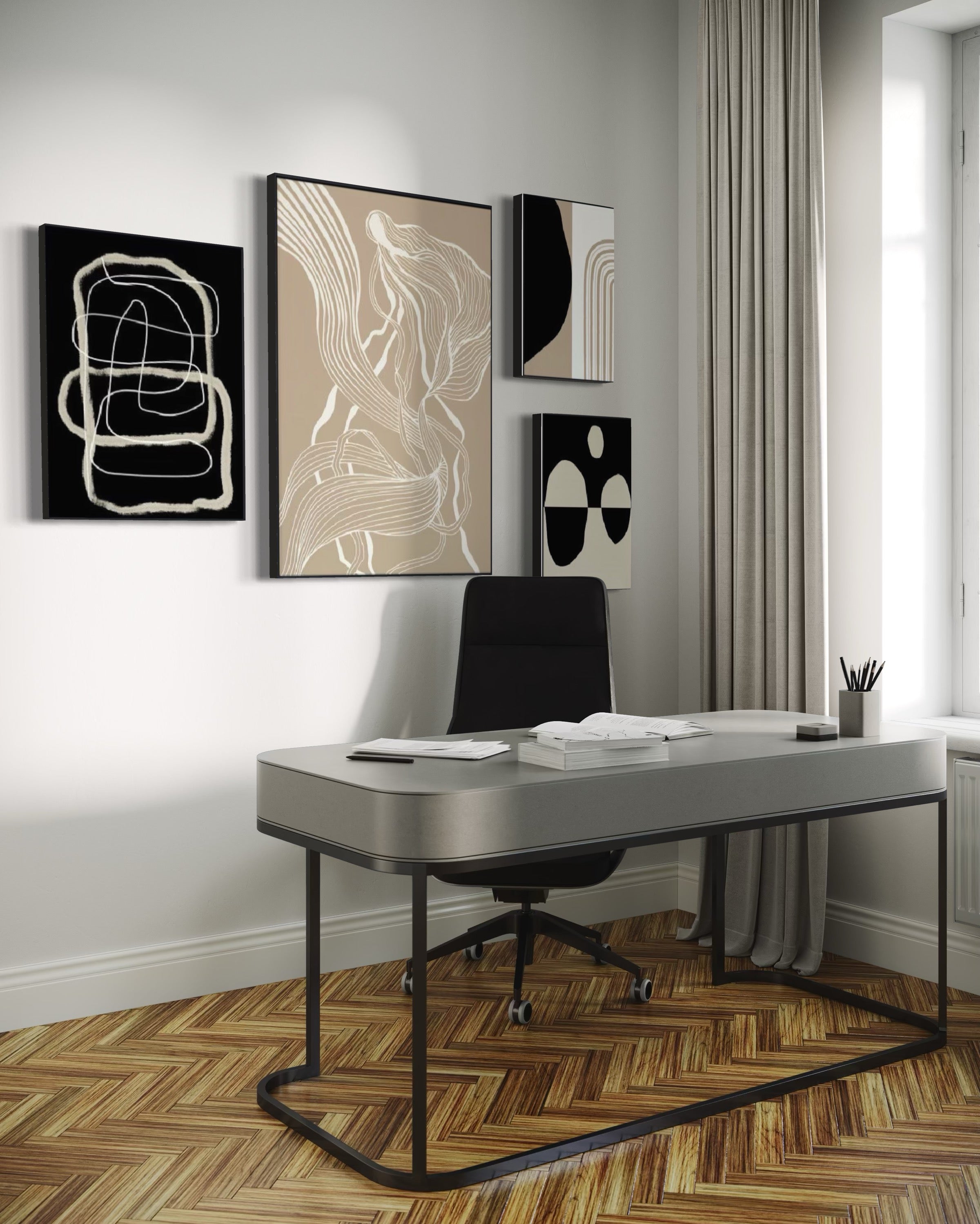 Set Cuadros Decorativos Abstracto Negro Arena 2 - 230 B - 4piezas Arte Moderno y Minimalista Estilo Nordico Tonos Neutros