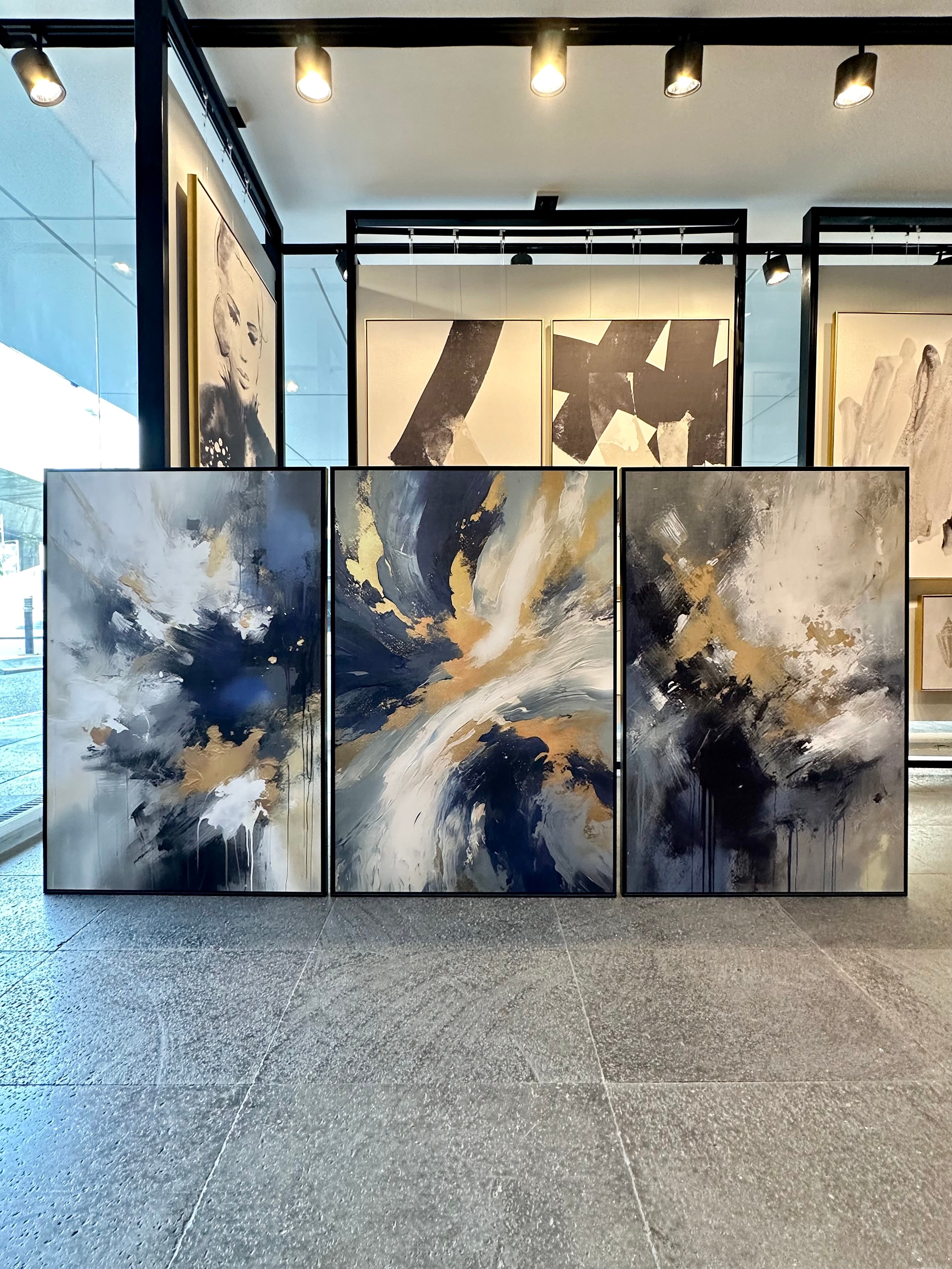 Set de 3 Cuadros Decorativos Abstract Colors 3 - 310 - Arte Moderno y Elegante en tono Azul, Gris y Dorado-Triptico
