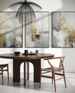 Cargar imagen en el visor de la galería, Set Cuadros Decorativos Abstracto Negro Arena 2-271 -Triptico  Moderno y Elegante en Tonos Negro, Gris, Beige y Dorado Oro
