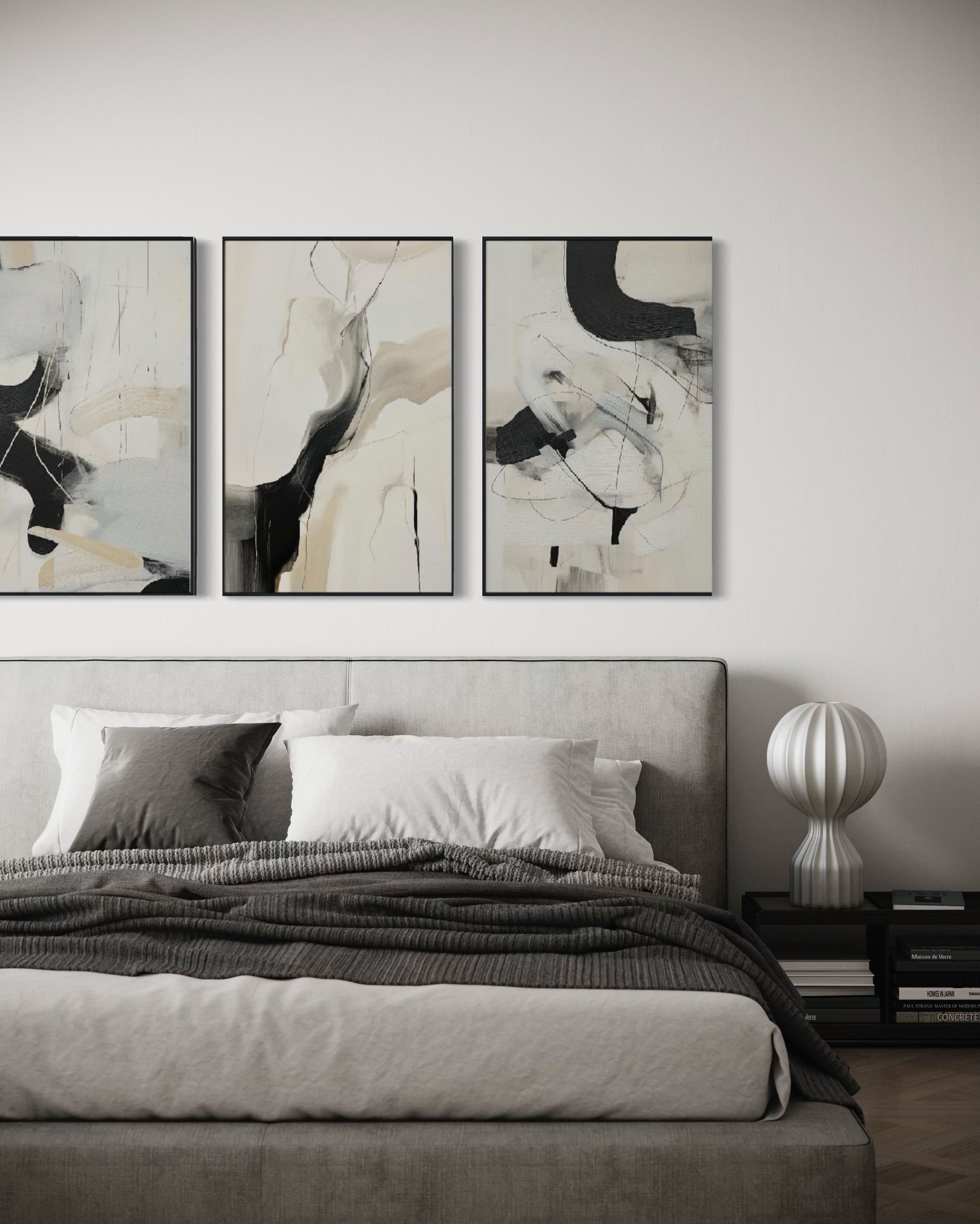 Set de 3 Cuadros Decorativos Abstracto Negro Arena 2 - 221 - Triptico Moderno y Minimalista Arte Elegante Estilo Nordico Tonos Neutros