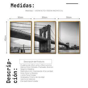 Set Cuadros Decorativos NY 021 - Triptico Puente de Brooklyn Nueva York