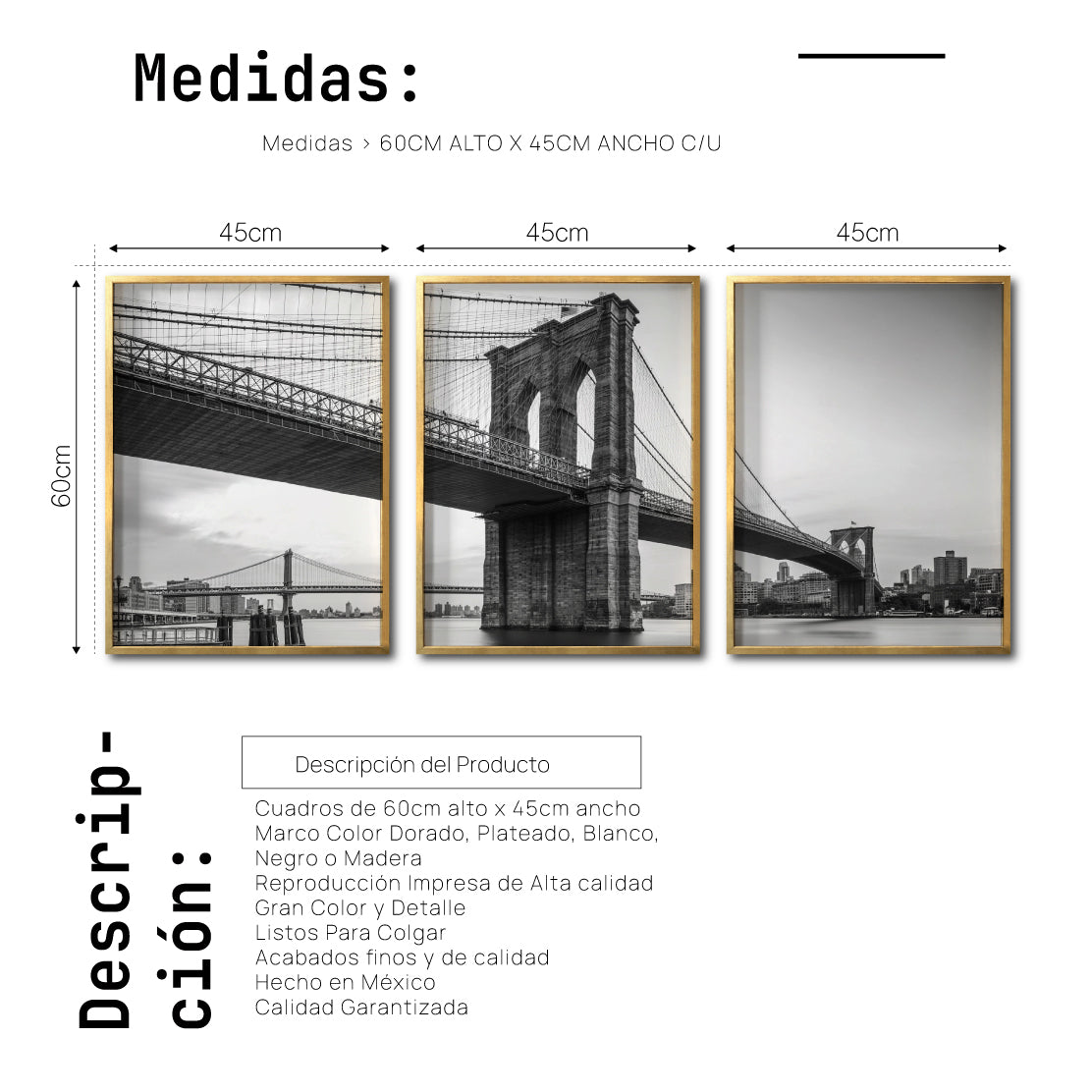 Set Cuadros Decorativos NY 021 - Triptico Puente de Brooklyn Nueva York