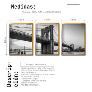 Set Cuadros Decorativos NY 021 - Triptico Puente de Brooklyn Nueva York