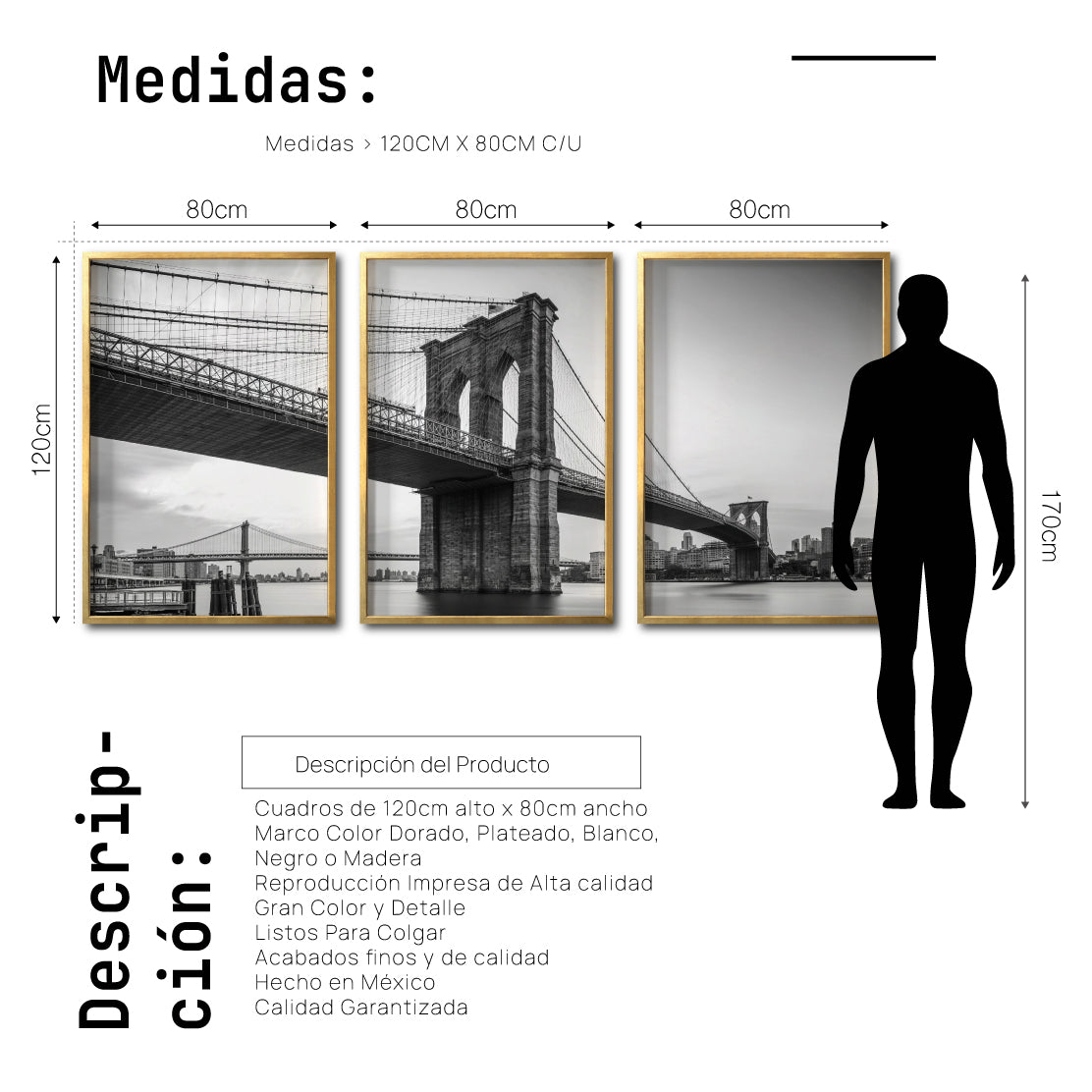 Set Cuadros Decorativos NY 021 - Triptico Puente de Brooklyn Nueva York