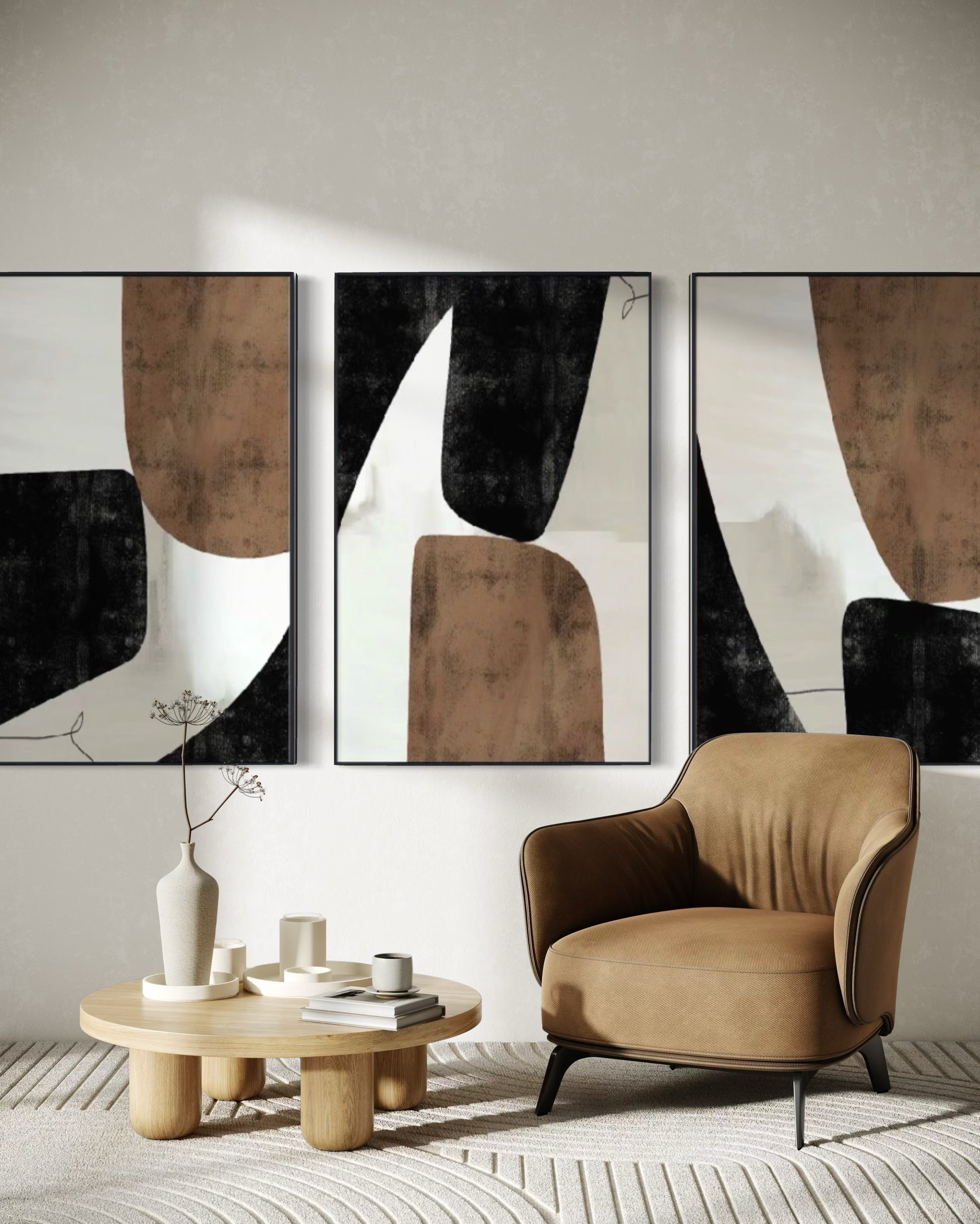 Set Cuadros Decorativos Abstracto Negro Arena 2-208 - Triptico Minimalista Estilo Nordico Arte Moderno y Elegante en Tonos Neutros