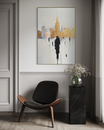 Cargar imagen en el visor de la galería, Cuadro Decorativo Abstracto Negro Arena 2-276 - Ciudad y Silueta Humana Arte Moderno y Minimalista en Negro y Dorado Oro
