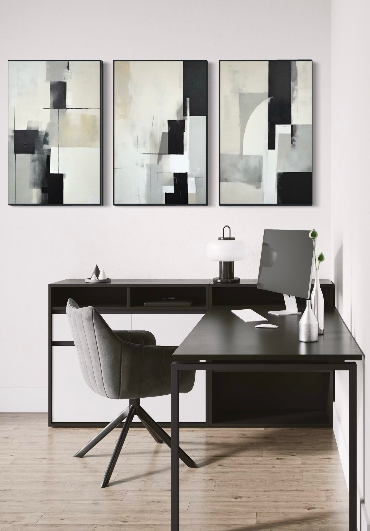 Set Cuadros Decorativos Abstracto Negro Arena 2-227 - Triptico Moderno y Elegante Arte Minimalista Estilo Nordico en Tonos Neutros