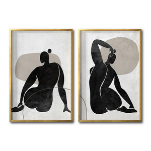 Set  2 Cuadros Decorativos Abstracto Negro Arena 021 - Arte Boho Siluetas Femeninas