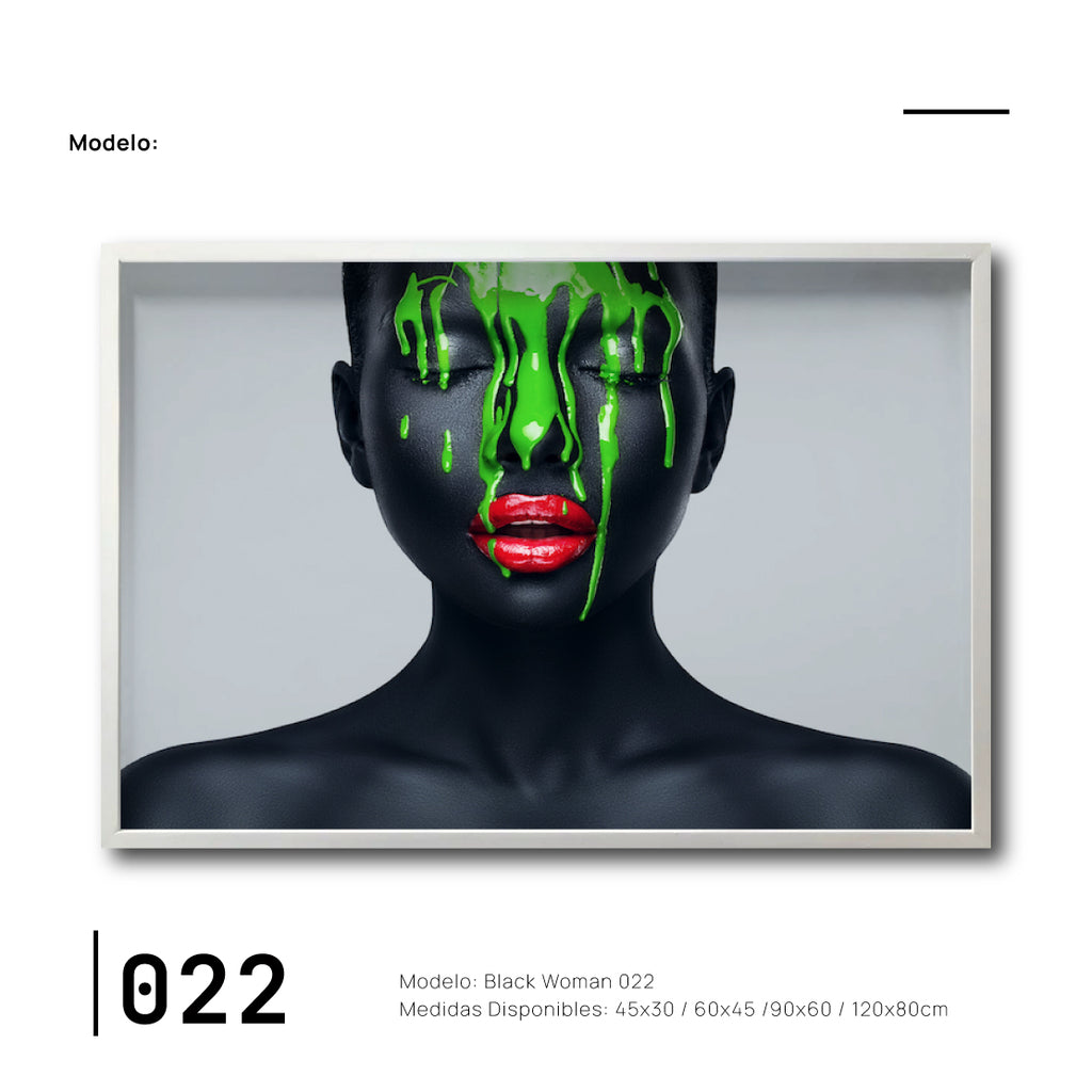 Cuadro Canvas Mujer Negra Africana Retrato con pintura verde para sala en México. 022.  Arte en blanco y negro.