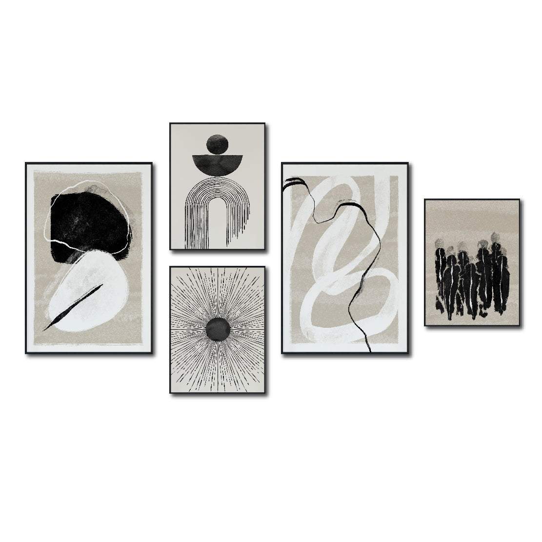 Set Cuadros Decorativos Abstracto Negro Arena 2 - 226A - 5piezas Arte Moderno Estilo Nordico Boho Tonos Neutros