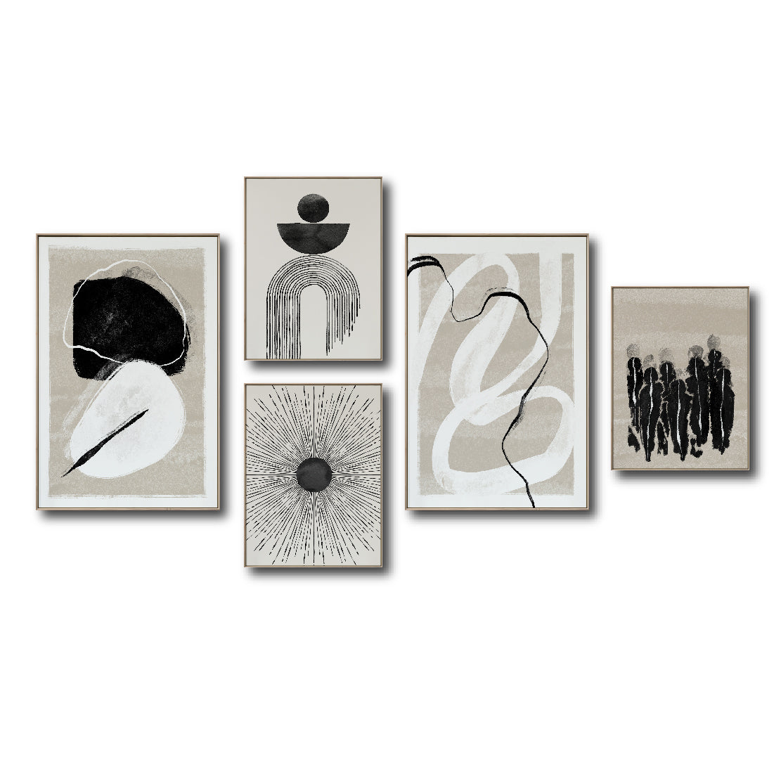 Set Cuadros Decorativos Abstracto Negro Arena 2 - 226A - 5piezas Arte Moderno Estilo Nordico Boho Tonos Neutros