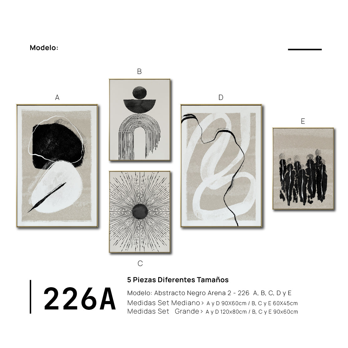 Set Cuadros Decorativos Abstracto Negro Arena 2 - 226A - 5piezas Arte Moderno Estilo Nordico Boho Tonos Neutros