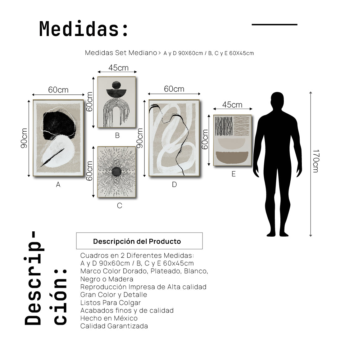 Set Cuadros Decorativos Abstracto Negro Arena 2 - 226A - 5piezas Arte Moderno Estilo Nordico Boho Tonos Neutros