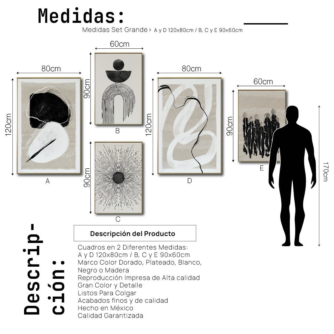 Set Cuadros Decorativos Abstracto Negro Arena 2 - 226A - 5piezas Arte Moderno Estilo Nordico Boho Tonos Neutros