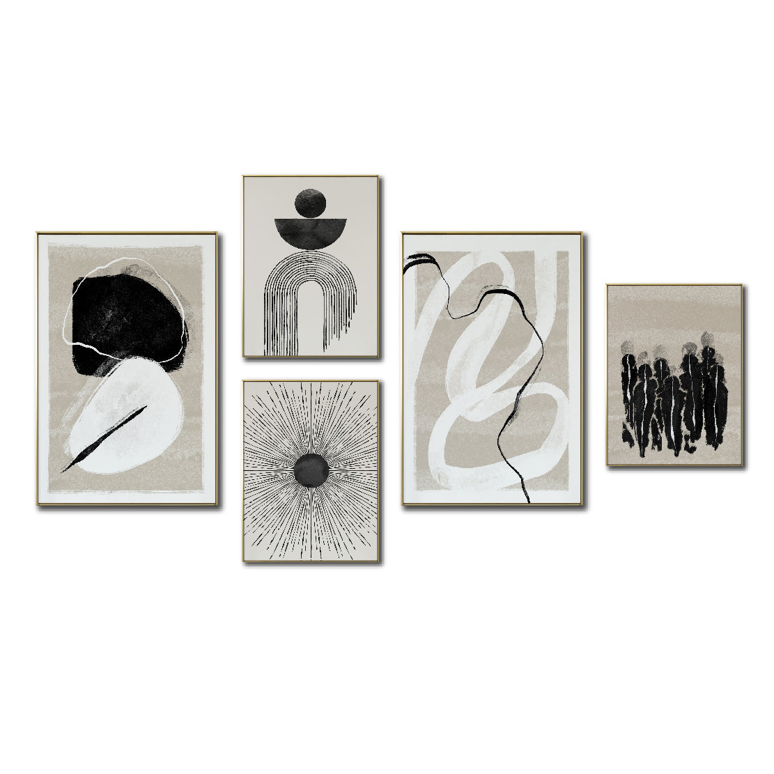 Set Cuadros Decorativos Abstracto Negro Arena 2 - 226A - 5piezas Arte Moderno Estilo Nordico Boho Tonos Neutros