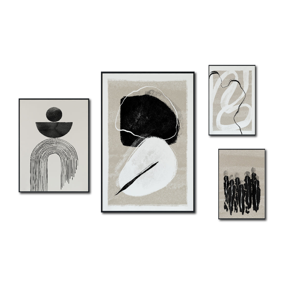 Set Cuadros Decorativos Abstracto Negro Arena 2 - 226B - 4piezas Arte Moderno y Elegante Estilo Nordico Boho en Tonos Neutros