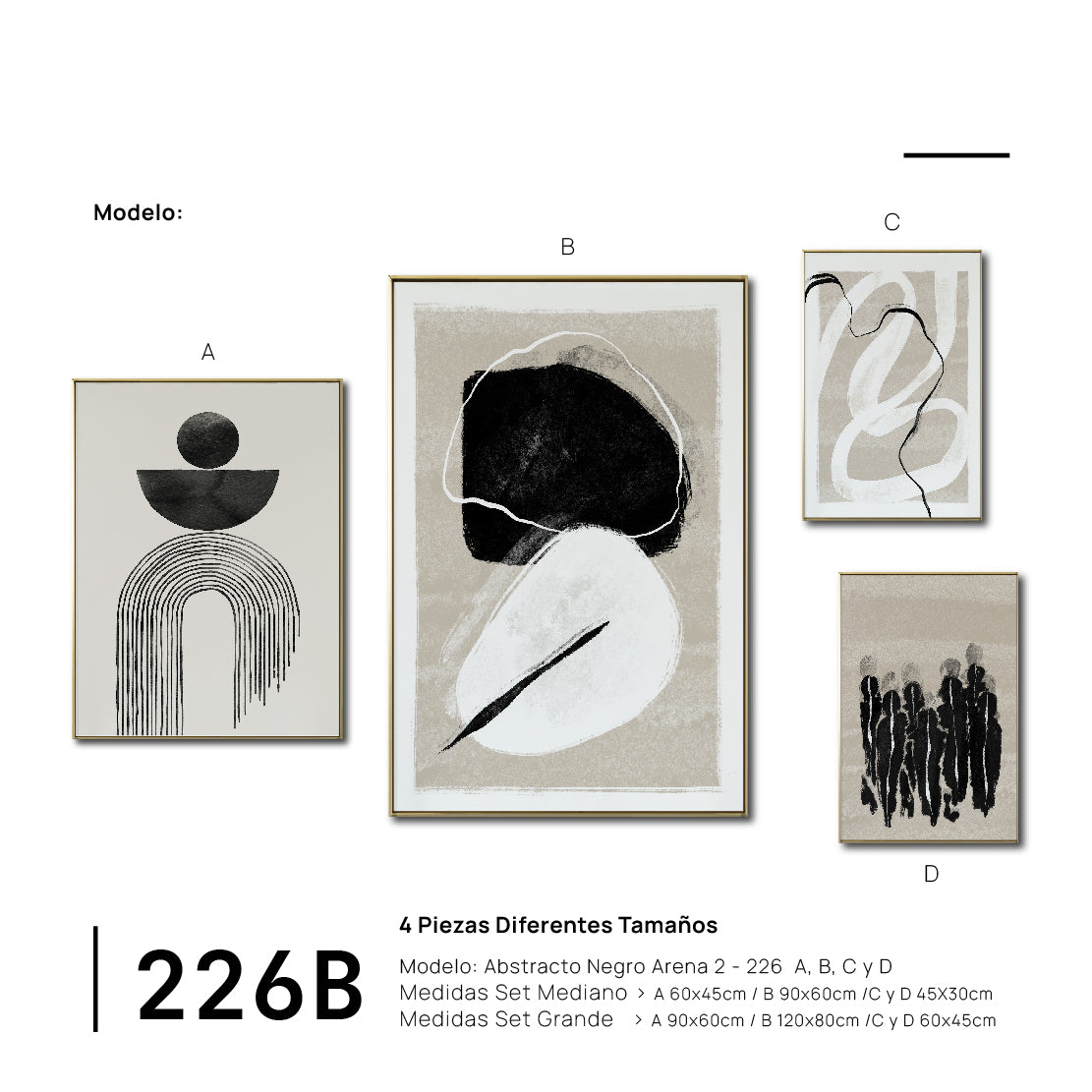 Set Cuadros Decorativos Abstracto Negro Arena 2 - 226B - 4piezas Arte Moderno y Elegante Estilo Nordico Boho en Tonos Neutros