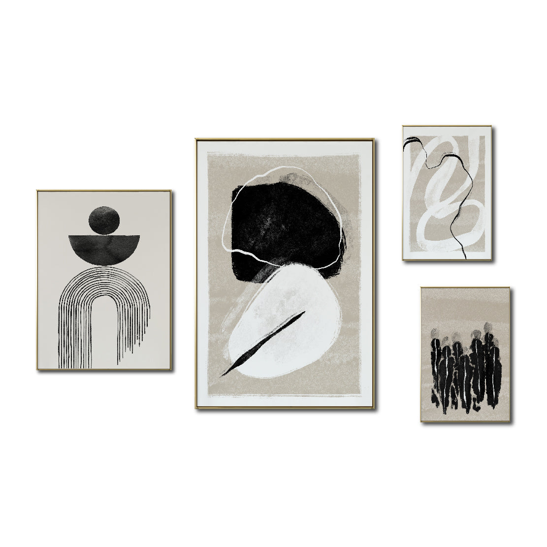 Set Cuadros Decorativos Abstracto Negro Arena 2 - 226B - 4piezas Arte Moderno y Elegante Estilo Nordico Boho en Tonos Neutros