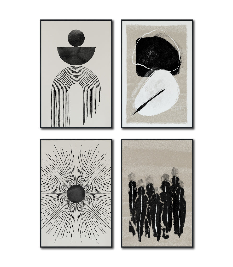 Set Cuadros Decorativos Abstracto Negro Arena 2 - 226C - 4piezas Arte Moderno y Elegante Estilo Nordico Boho en Tonos Neutros