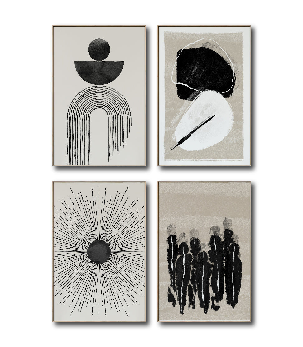 Set Cuadros Decorativos Abstracto Negro Arena 2 - 226C - 4piezas Arte Moderno y Elegante Estilo Nordico Boho en Tonos Neutros