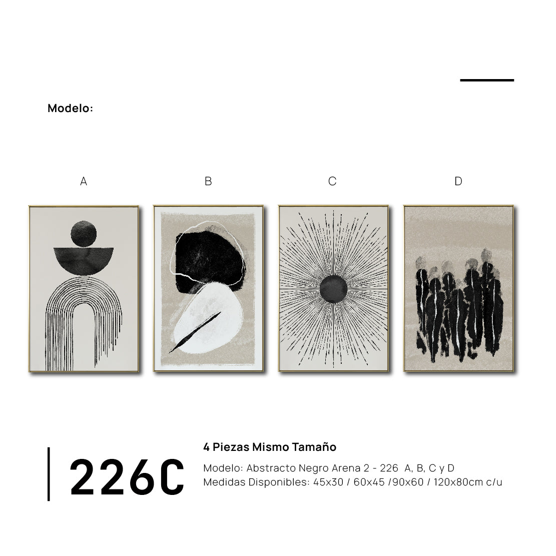 Set Cuadros Decorativos Abstracto Negro Arena 2 - 226C - 4piezas Arte Moderno y Elegante Estilo Nordico Boho en Tonos Neutros