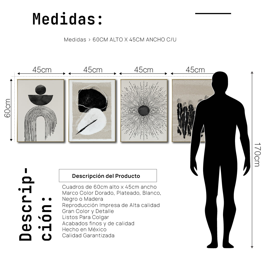 Set Cuadros Decorativos Abstracto Negro Arena 2 - 226C - 4piezas Arte Moderno y Elegante Estilo Nordico Boho en Tonos Neutros