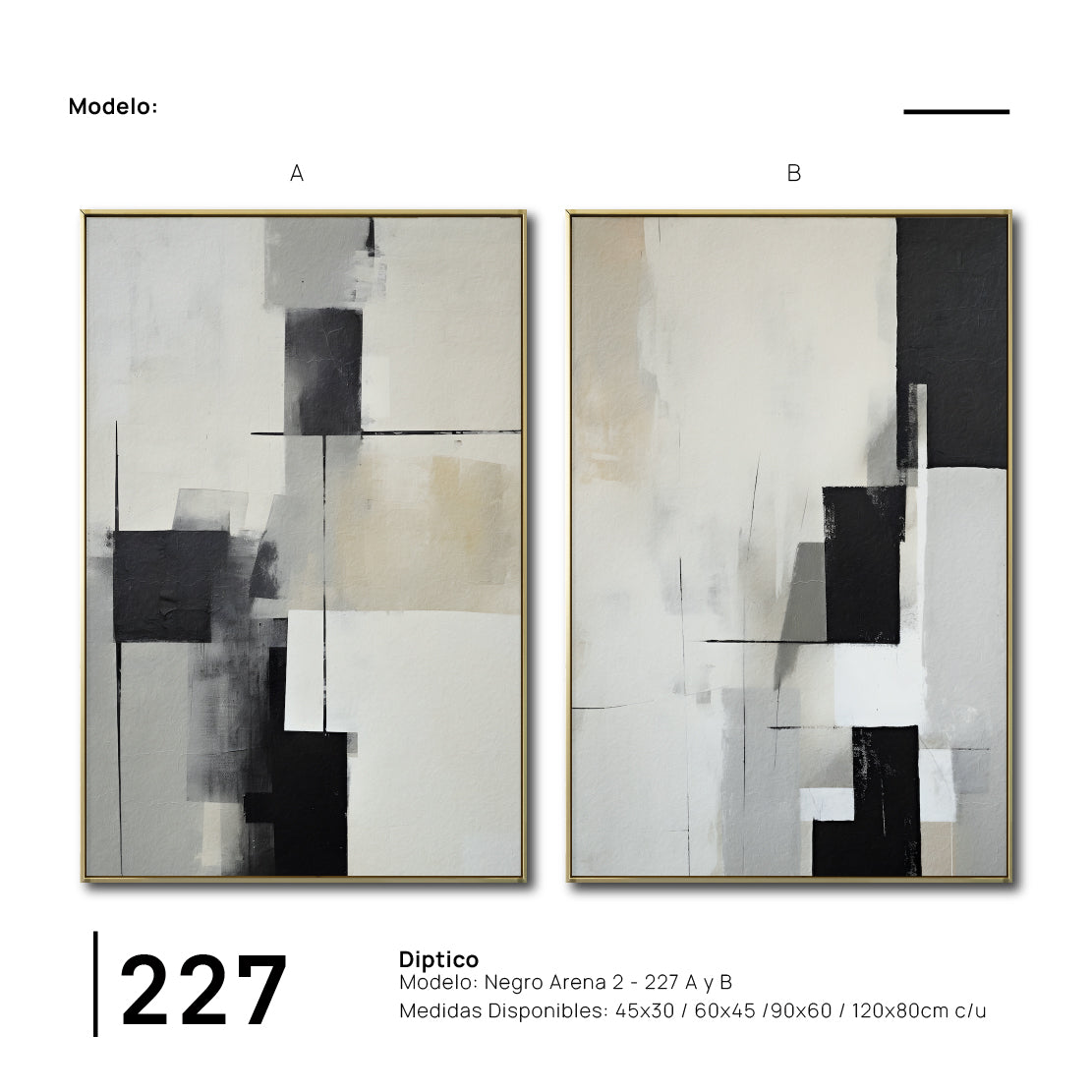 Set Cuadros Decorativos Abstracto Negro Arena 2 - 227 - Diptico Moderno y Minimalista Arte Estilo Nordico en Negro, Beige y Gris Tonos Neutros