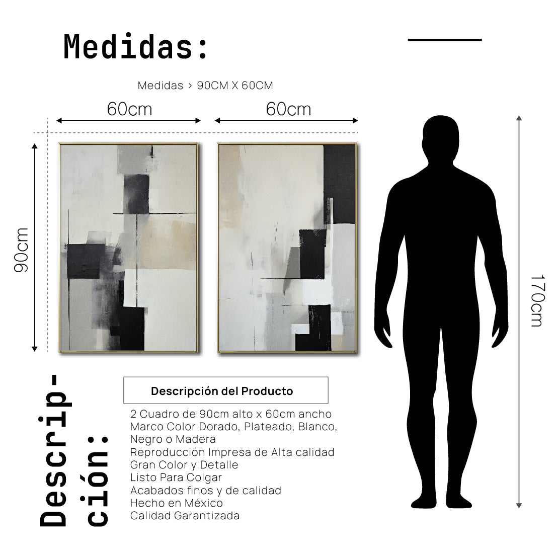 Set Cuadros Decorativos Abstracto Negro Arena 2 - 227 - Diptico Moderno y Minimalista Arte Estilo Nordico en Negro, Beige y Gris Tonos Neutros