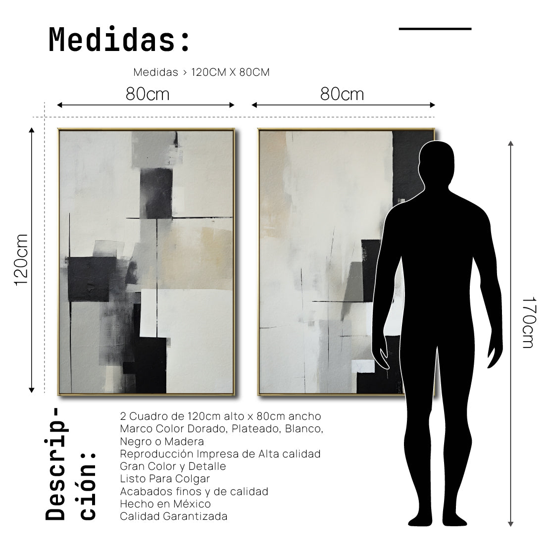 Set Cuadros Decorativos Abstracto Negro Arena 2 - 227 - Diptico Moderno y Minimalista Arte Estilo Nordico en Negro, Beige y Gris Tonos Neutros