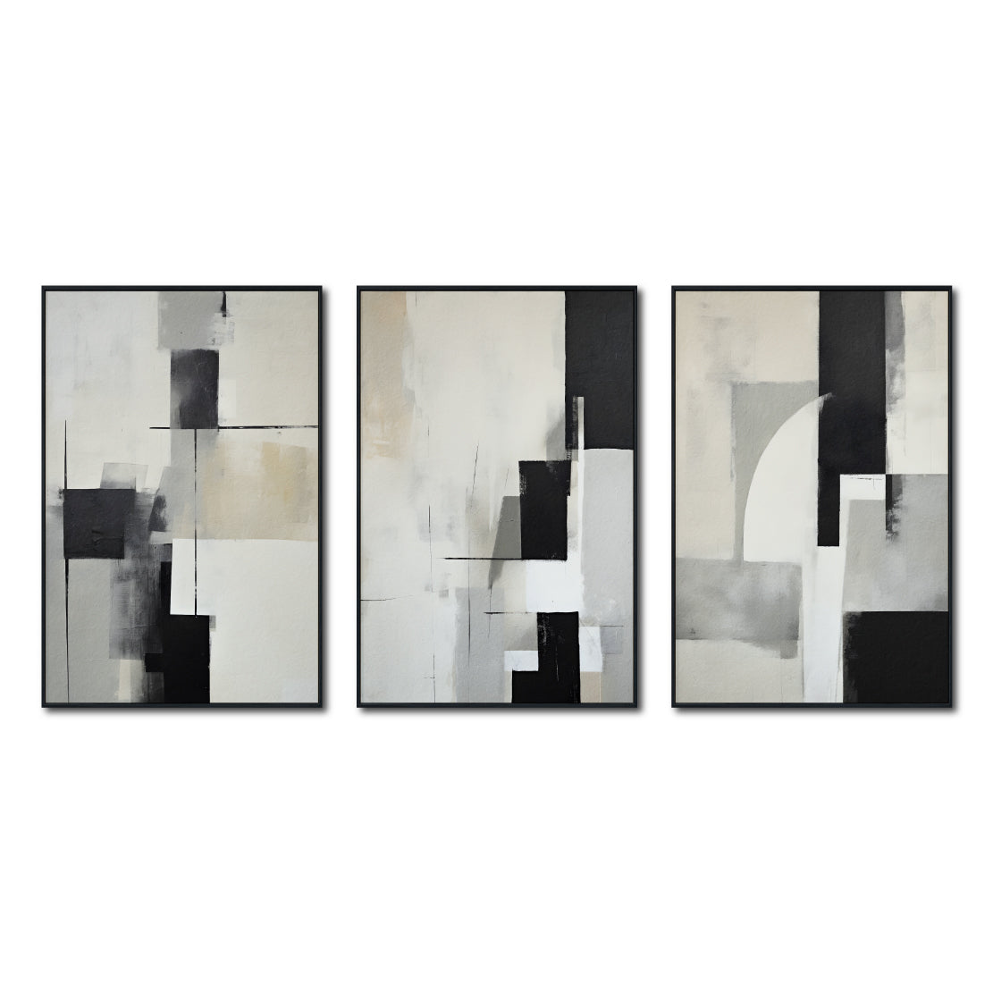 Set Cuadros Decorativos Abstracto Negro Arena 2-227 - Triptico Moderno y Elegante Arte Minimalista Estilo Nordico en Tonos Neutros