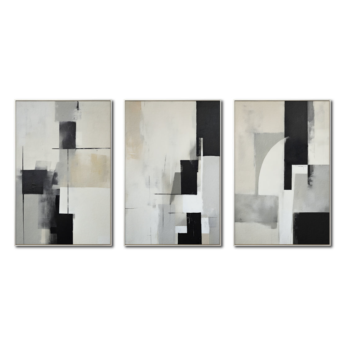 Set Cuadros Decorativos Abstracto Negro Arena 2-227 - Triptico Moderno y Elegante Arte Minimalista Estilo Nordico en Tonos Neutros