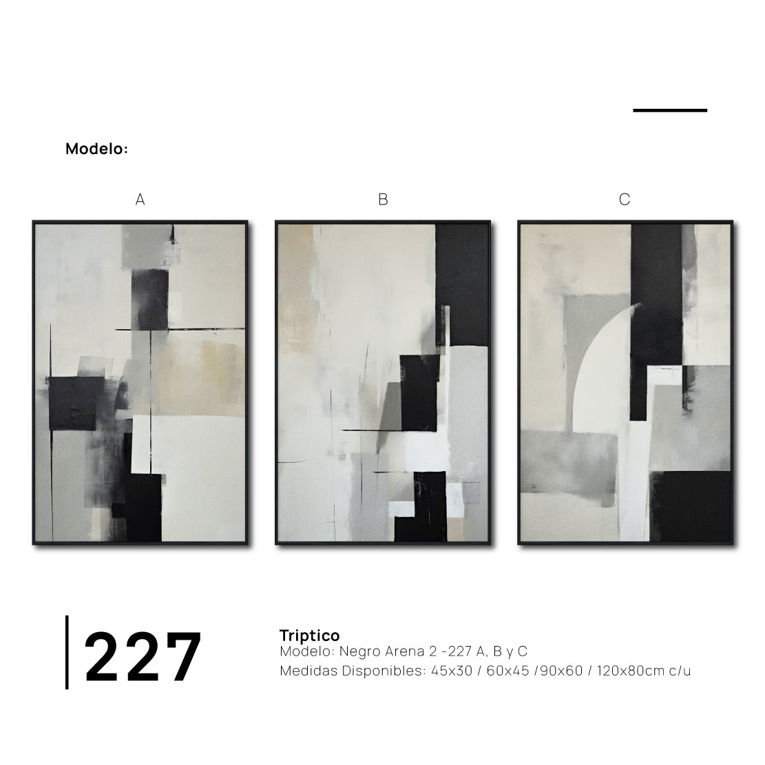 Set Cuadros Decorativos Abstracto Negro Arena 2-227 - Triptico Moderno y Elegante Arte Minimalista Estilo Nordico en Tonos Neutros