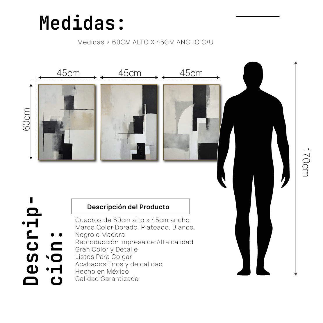 Set Cuadros Decorativos Abstracto Negro Arena 2-227 - Triptico Moderno y Elegante Arte Minimalista Estilo Nordico en Tonos Neutros