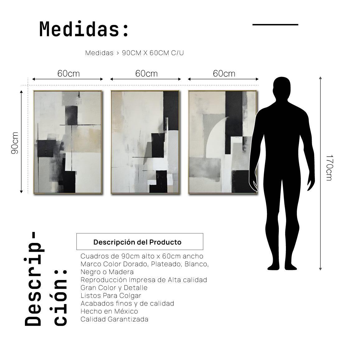 Set Cuadros Decorativos Abstracto Negro Arena 2-227 - Triptico Moderno y Elegante Arte Minimalista Estilo Nordico en Tonos Neutros