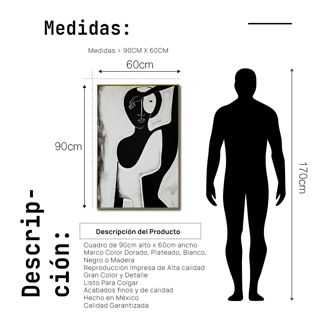 Cuadro Decorativo Abstracto Negro Arena 2-229 Silueta Femenina Minimalista  Arte Lineal Tribal