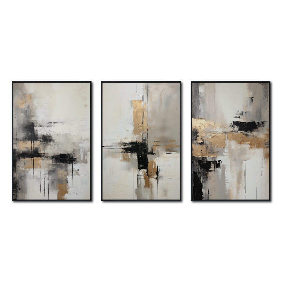 Set Cuadros Decorativos Abstracto Negro Arena 269 _Triptico Moderno y Elegante En Negro, Beige y Dorado Oro