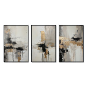 Set Cuadros Decorativos Abstracto Negro Arena 269 _Triptico Moderno y Elegante En Negro, Beige y Dorado Oro