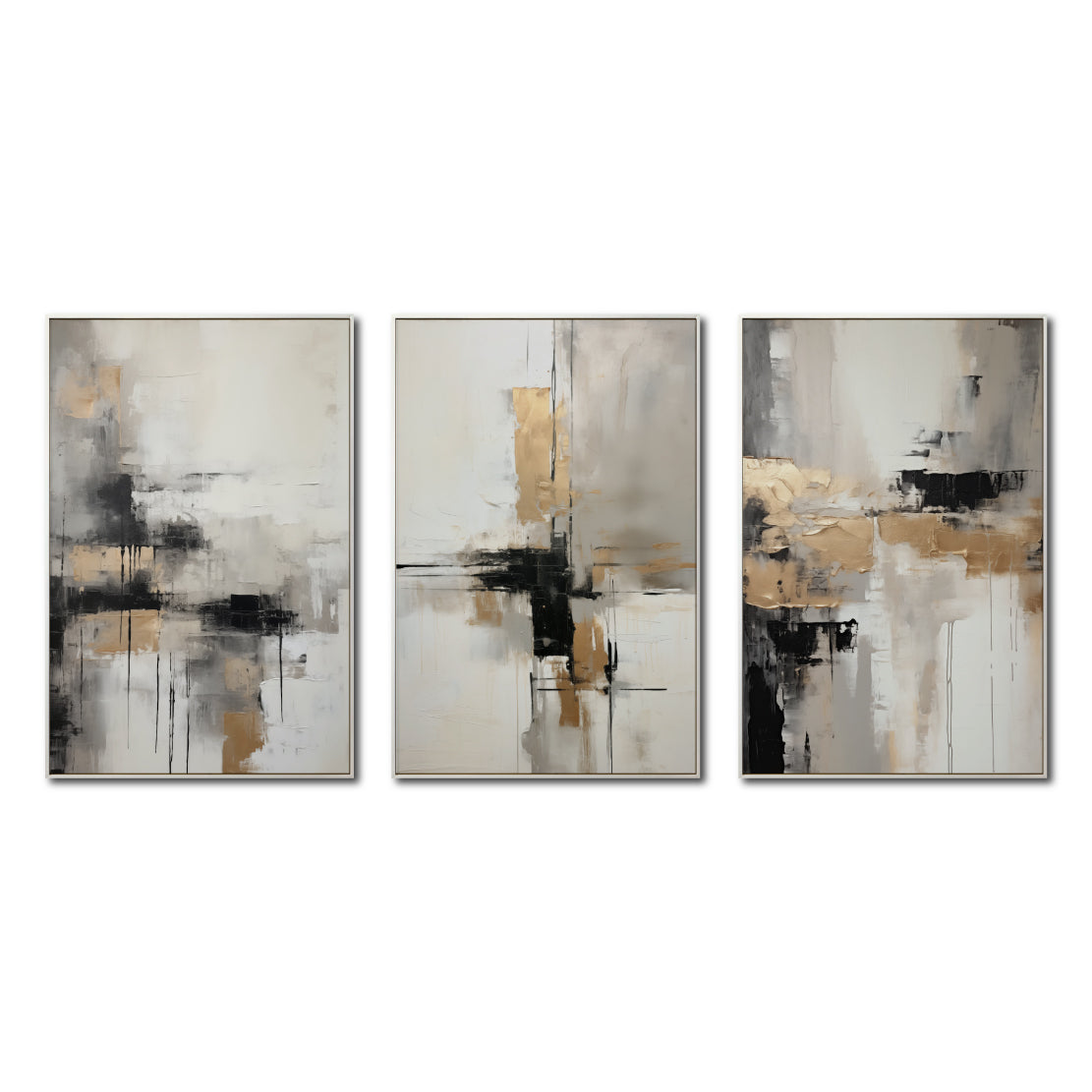 Set Cuadros Decorativos Abstracto Negro Arena 269 _Triptico Moderno y Elegante En Negro, Beige y Dorado Oro