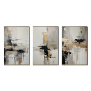 Set Cuadros Decorativos Abstracto Negro Arena 269 _Triptico Moderno y Elegante En Negro, Beige y Dorado Oro