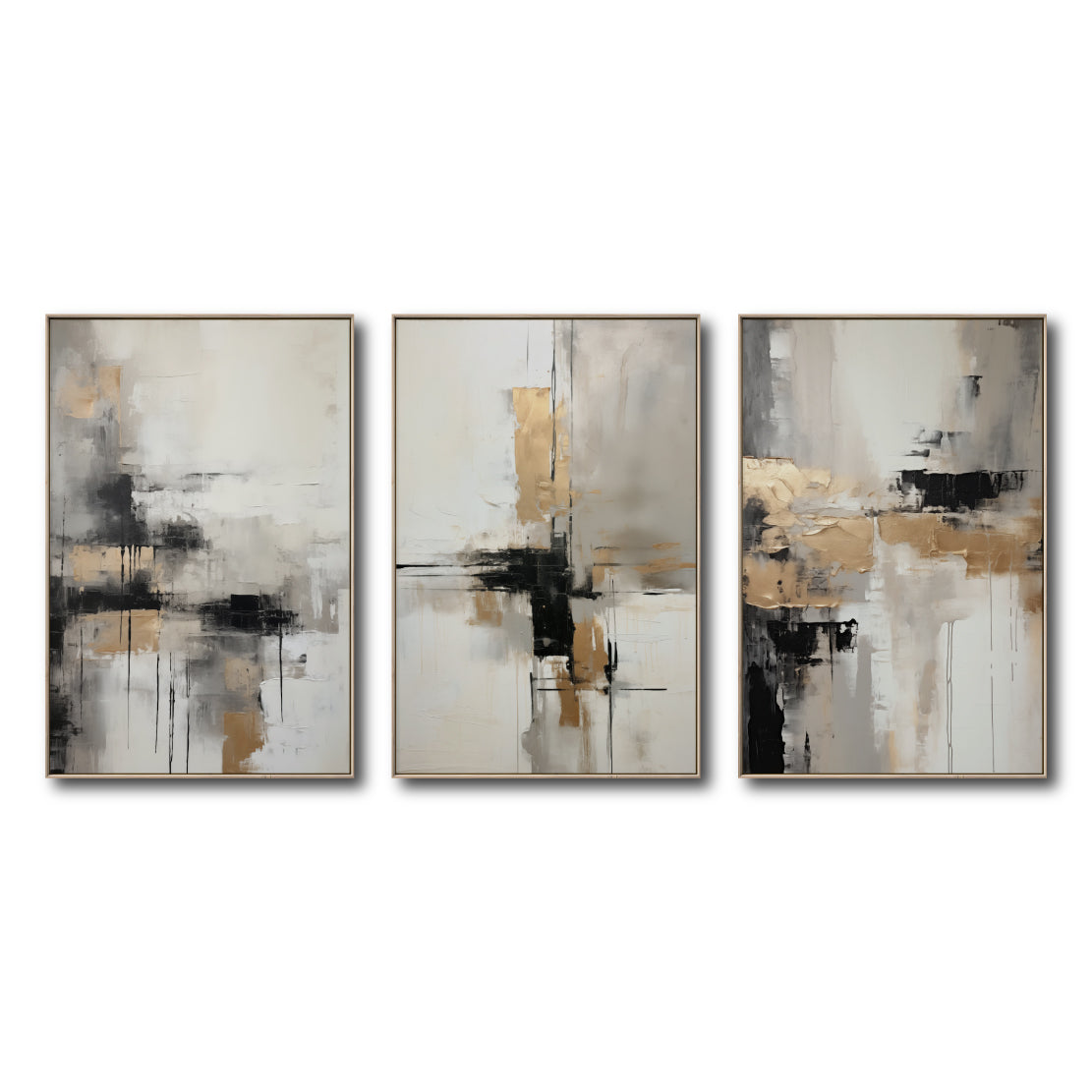 Set Cuadros Decorativos Abstracto Negro Arena 269 _Triptico Moderno y Elegante En Negro, Beige y Dorado Oro
