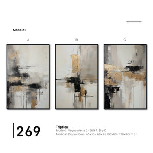 Set Cuadros Decorativos Abstracto Negro Arena 269 _Triptico Moderno y Elegante En Negro, Beige y Dorado Oro
