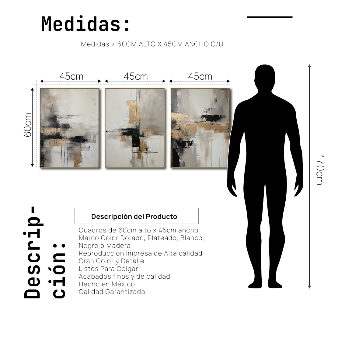Set Cuadros Decorativos Abstracto Negro Arena 269 _Triptico Moderno y Elegante En Negro, Beige y Dorado Oro