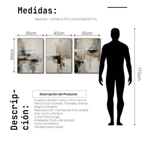 Set Cuadros Decorativos Abstracto Negro Arena 269 _Triptico Moderno y Elegante En Negro, Beige y Dorado Oro