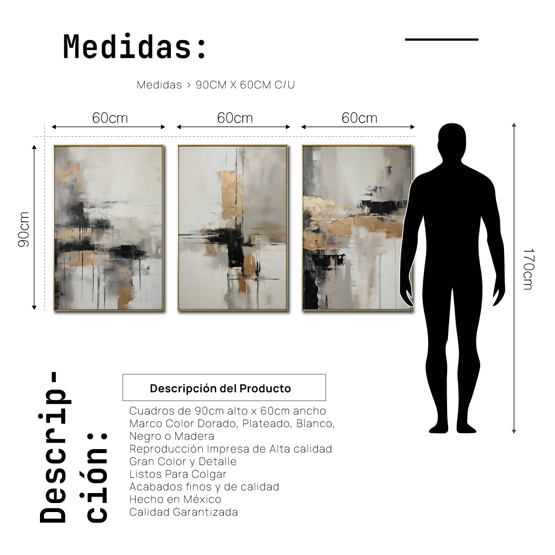 Set Cuadros Decorativos Abstracto Negro Arena 269 _Triptico Moderno y Elegante En Negro, Beige y Dorado Oro